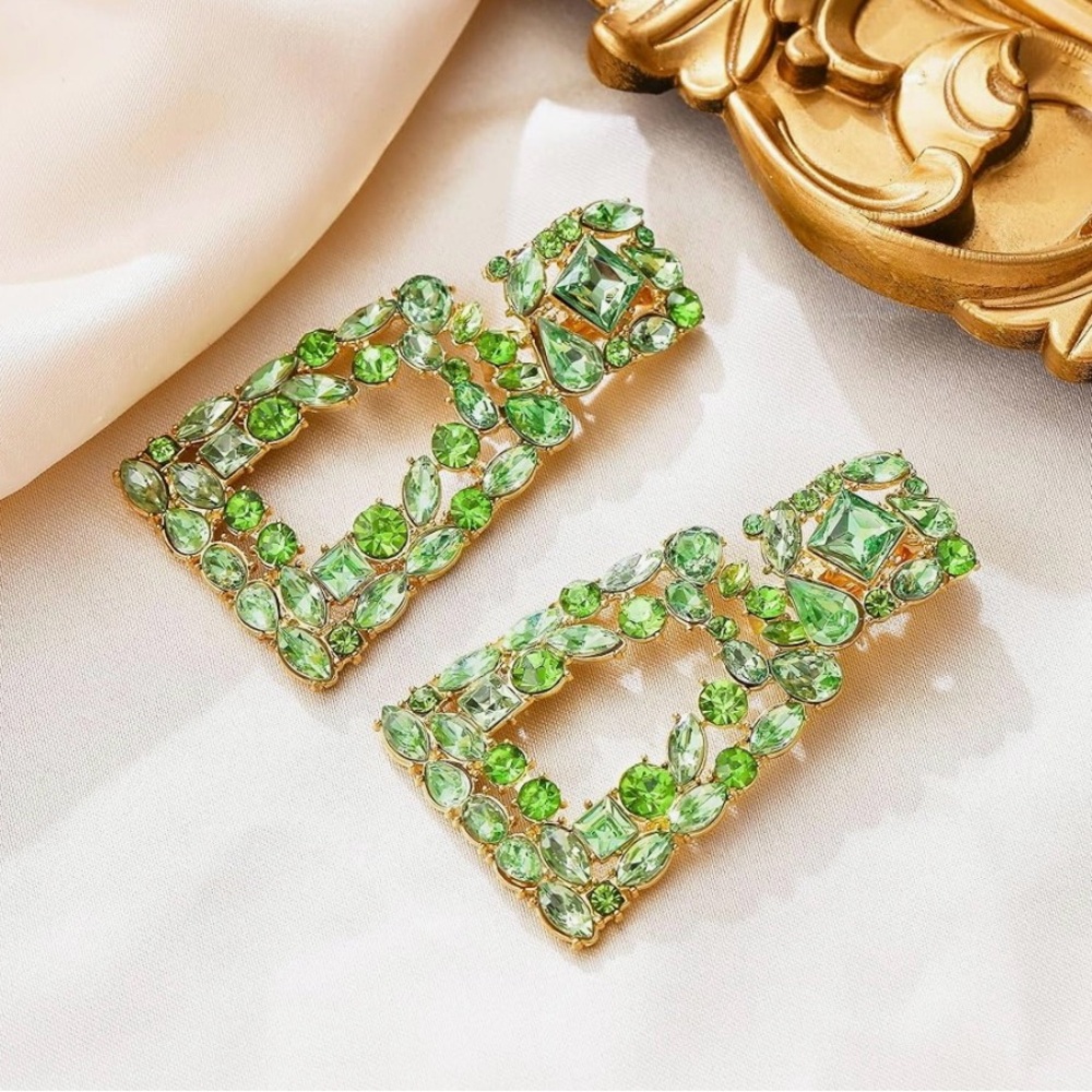 Green Rhinestone Rectangle Dangle Earrings - image 4
